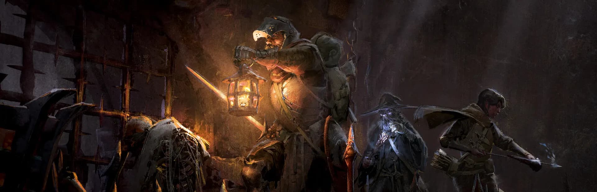 Dark and Darker key art: adventurers with a lantern in a dark dungeon