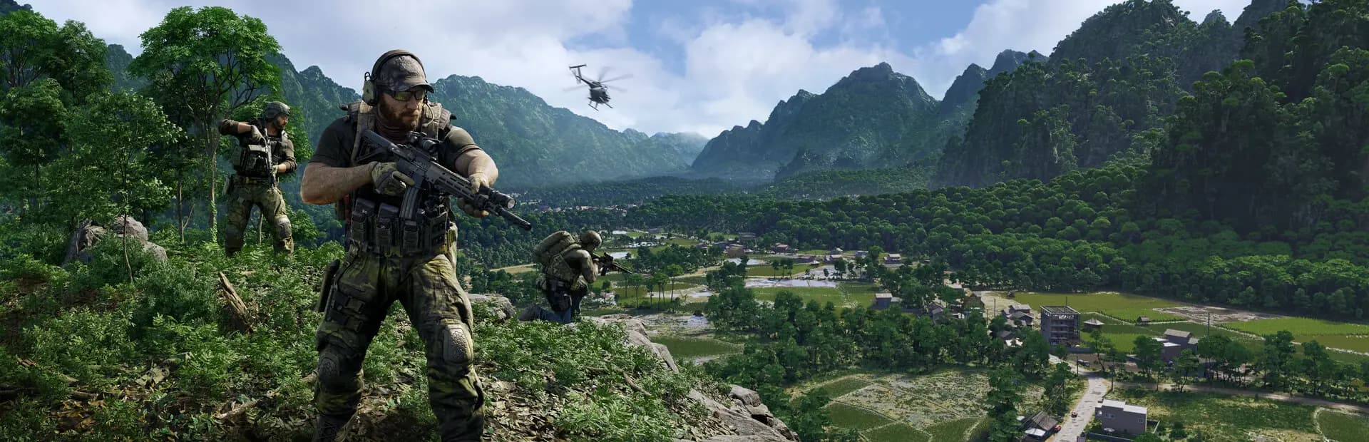 Gray Zone Warfare key art: armed operators on a jungle ridge above a valley