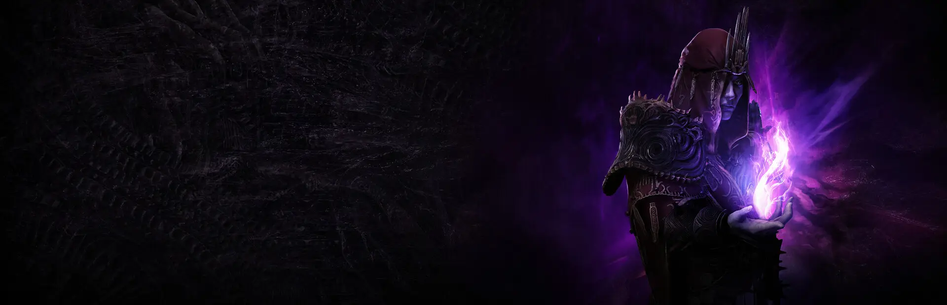 Path of Exile key art: a hooded figure holding a violet flame