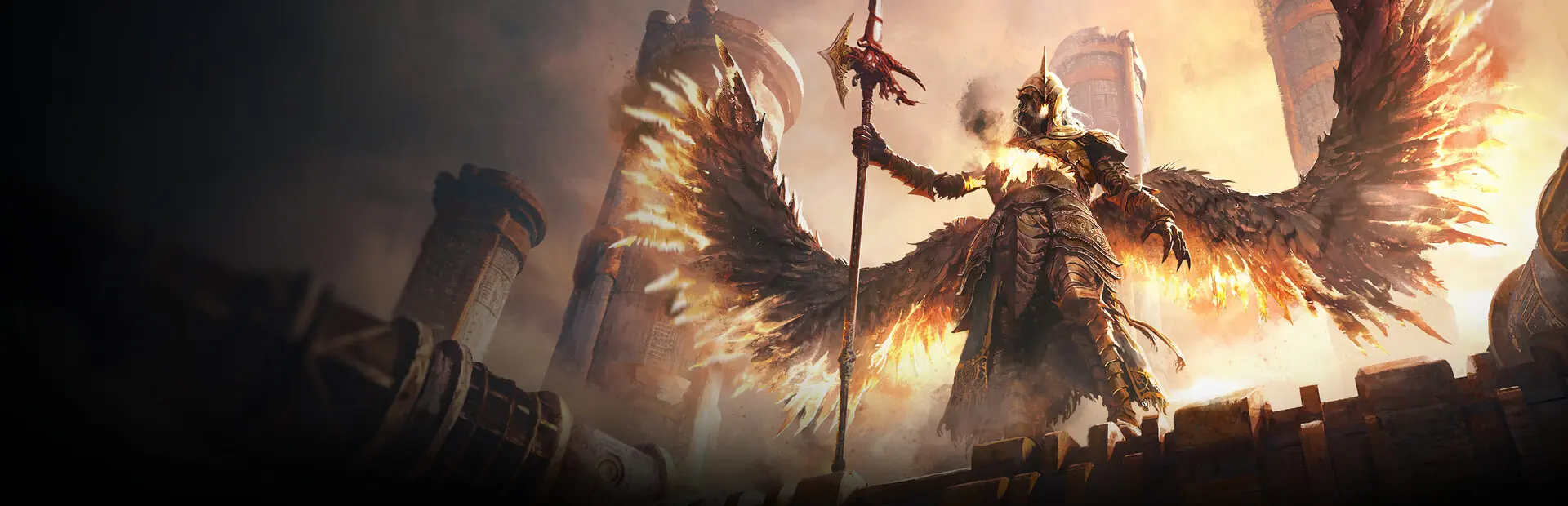Path of Exile 2 key art: a winged figure with a spear among ruins