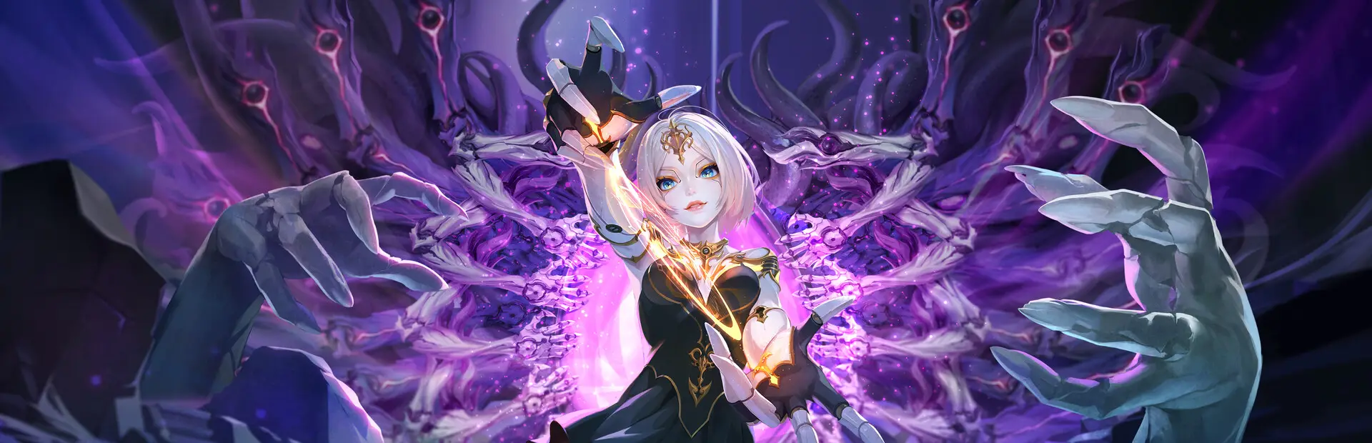 Torchlight: Infinite key art: a white-haired hero surrounded by giant skeletal hands
